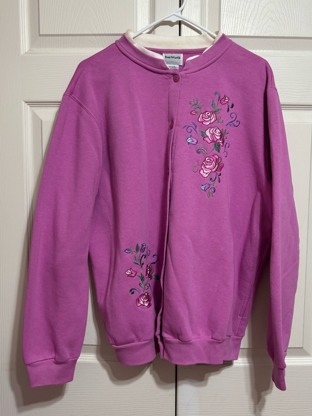 Bon Worth Purple-Pink Floral Embroidered Button Up Sweatshirt